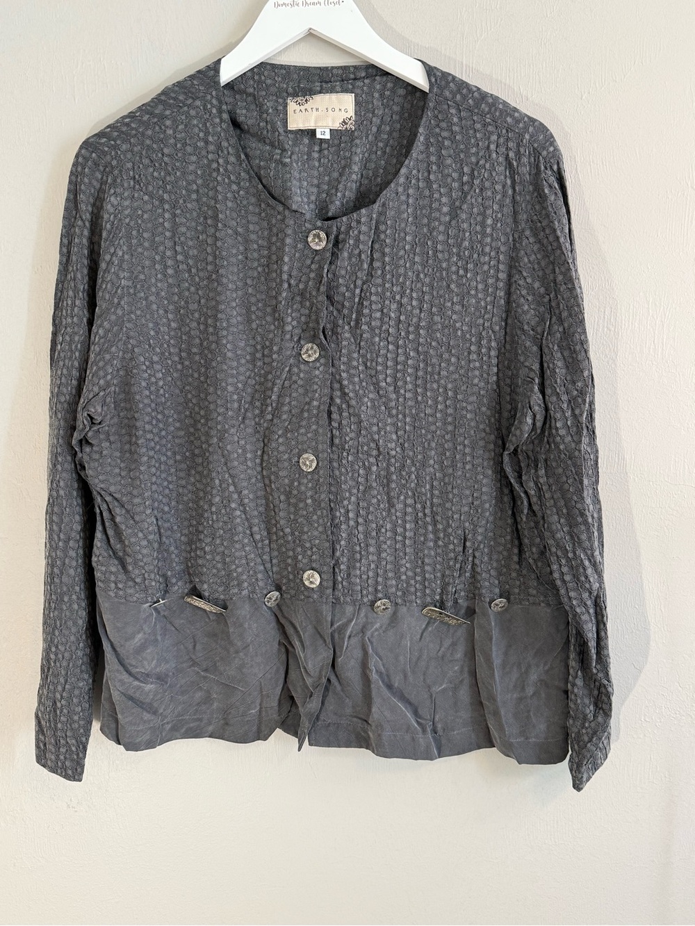 EARTH SONG Women’s Gray Button Up Lagenlook Jacket Top Shell Buttons USA Size 12
